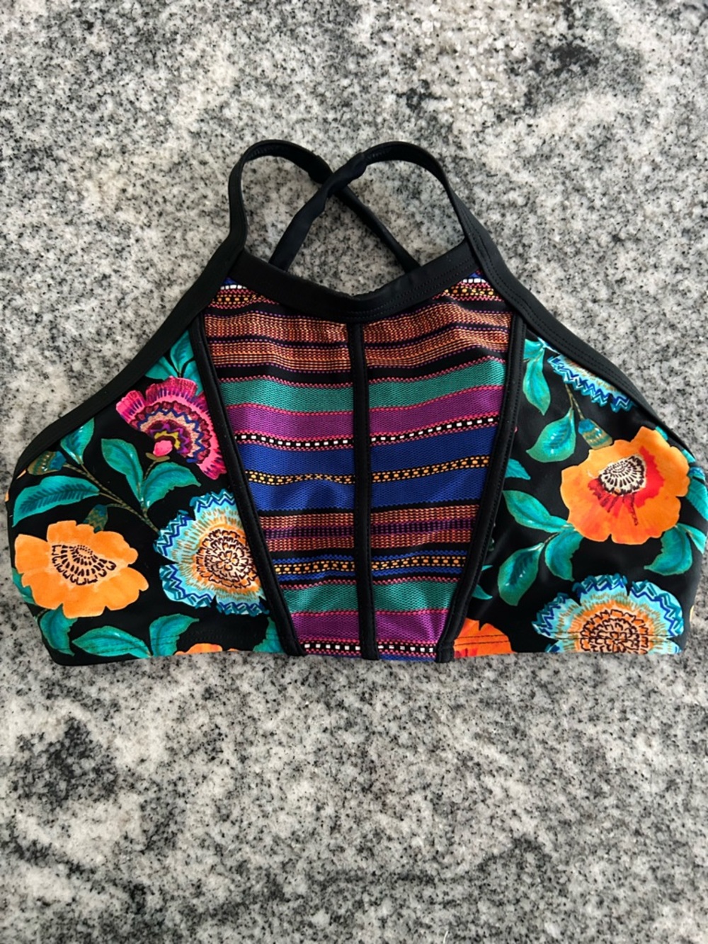 Body Glove Floral Stripe High-Neck Women’s Bikini Top - Black / Multicolor